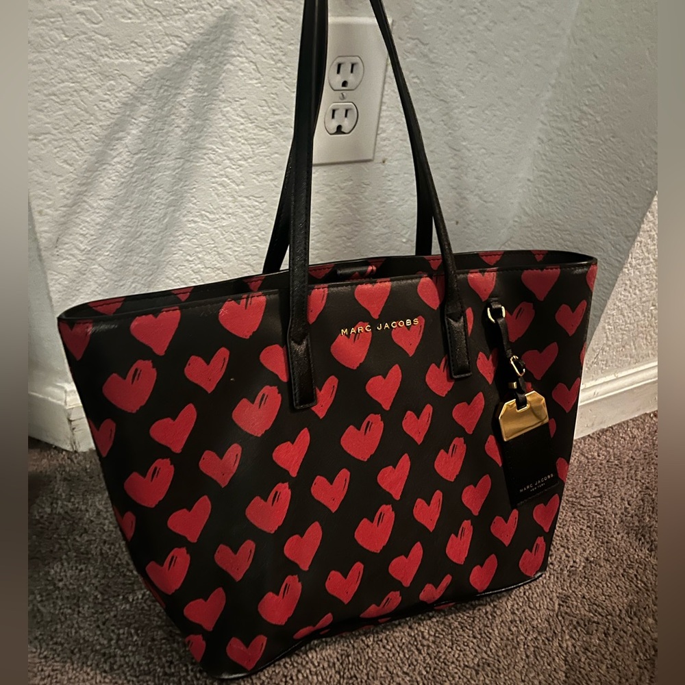 Marc Jacobs Black Tote with Red Heart Pattern